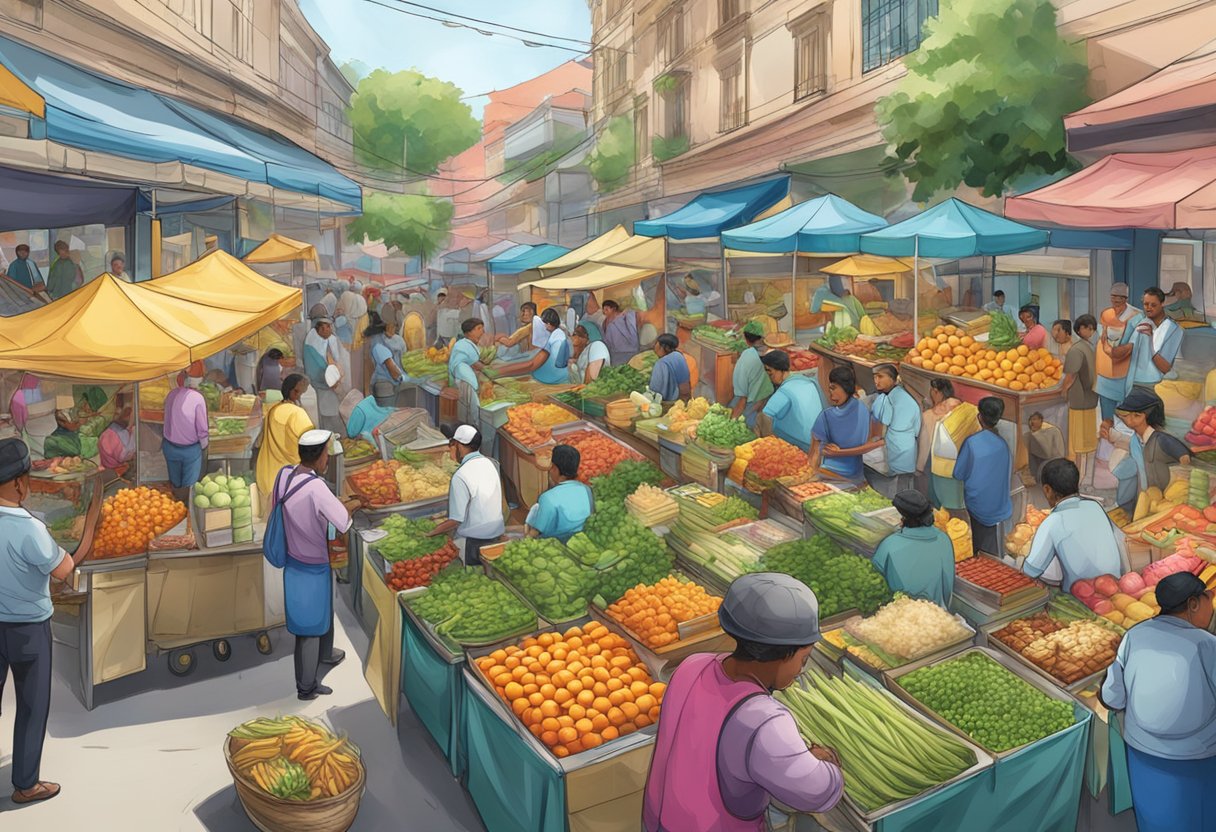 Vibrant food vendors and government officials collaborate at a bustling market