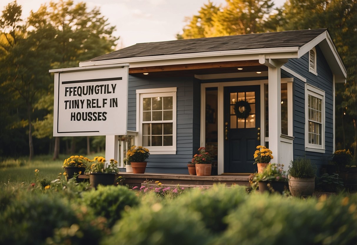 A small, quaint house surrounded by the Michigan landscape, with a sign reading "Frequently Asked Questions: Are Tiny Houses Legal in Michigan?" displayed prominently