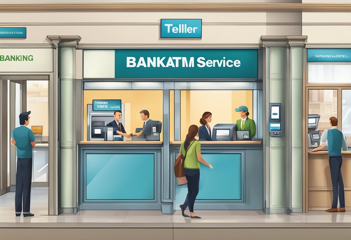 A bustling bank branch with customers at teller windows, a service desk, and ATM machines. Signs and displays advertise various banking services and products