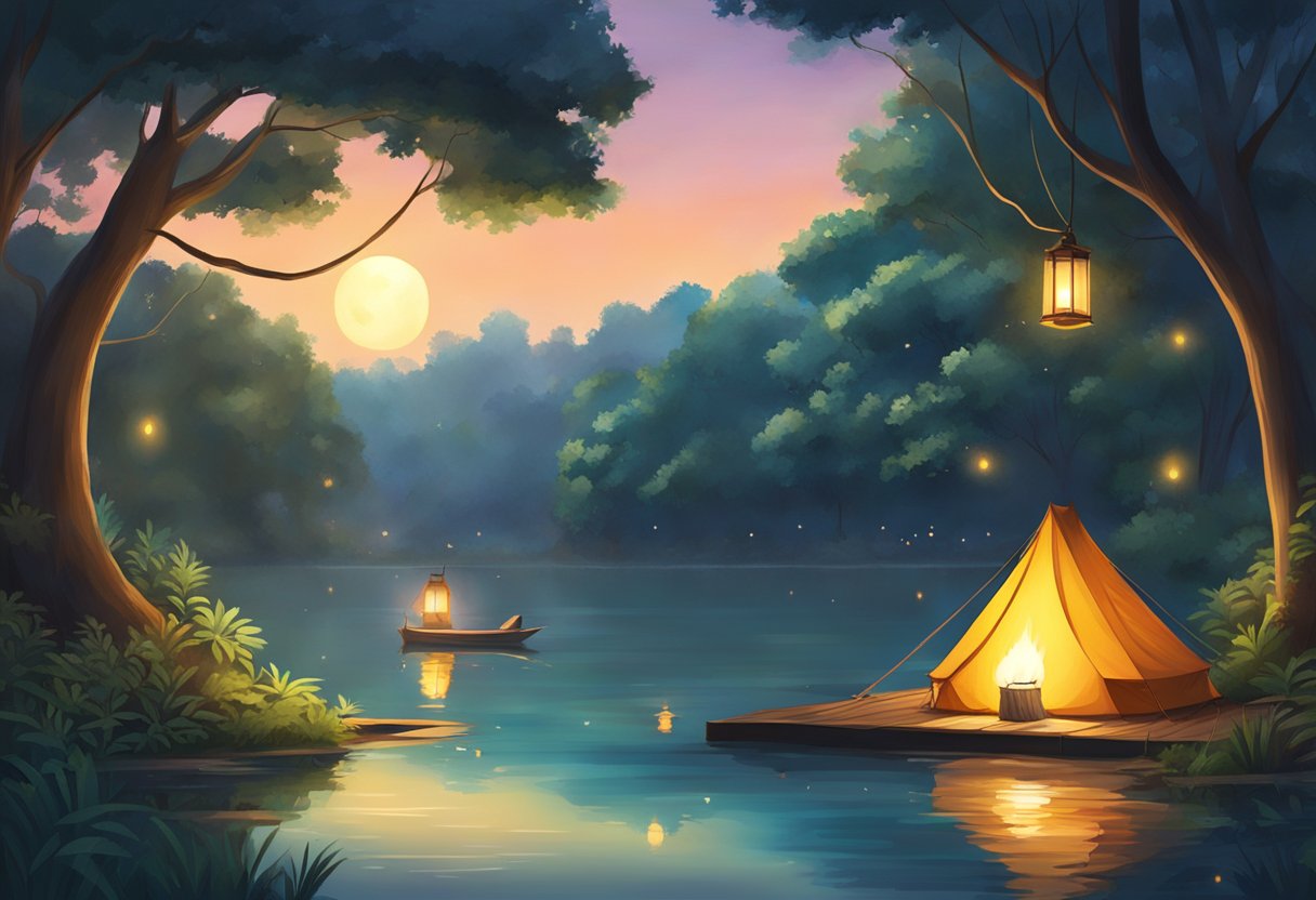 A tent pitched under lush trees, with a crackling campfire and a glowing lantern, surrounded by the tranquil waters of a serene lake in Singapore