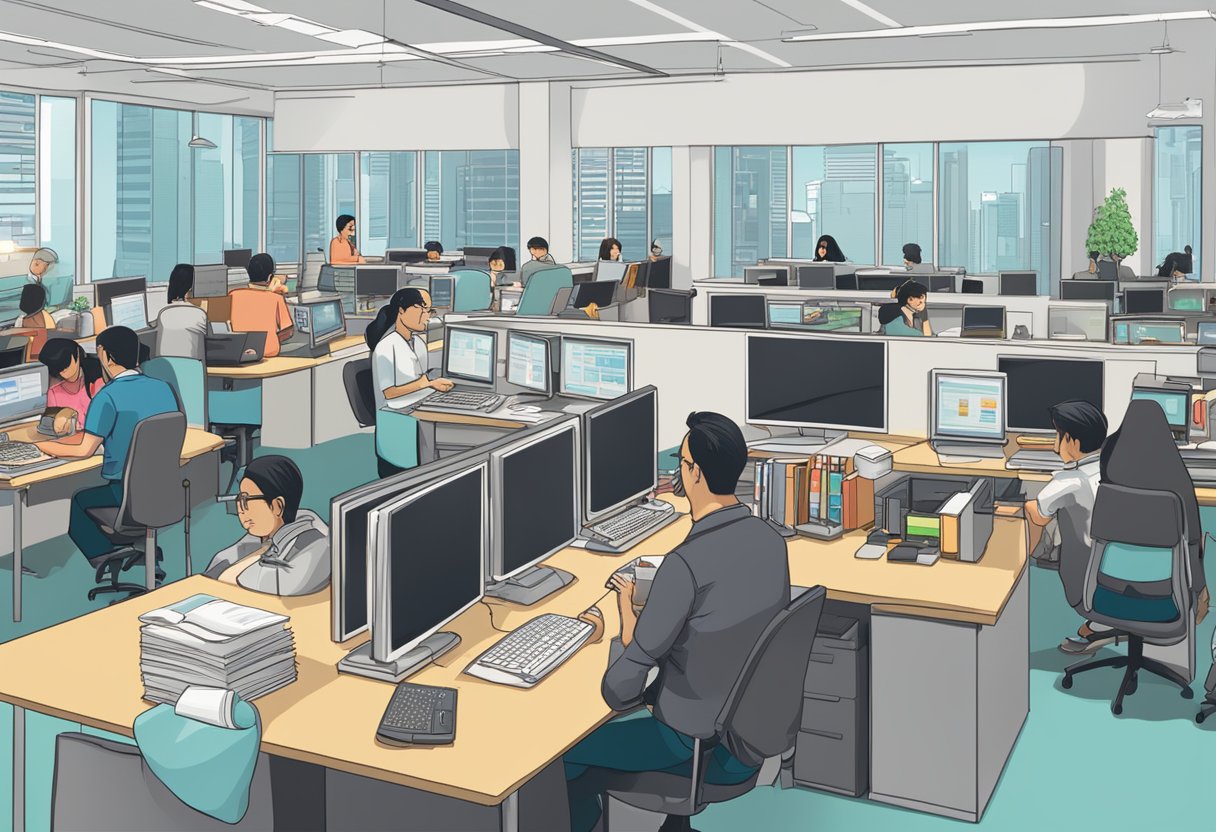 A bustling office with people answering calls and typing on computers, while a large sign on the wall reads "Frequently Asked Questions Singapore Food Agency."