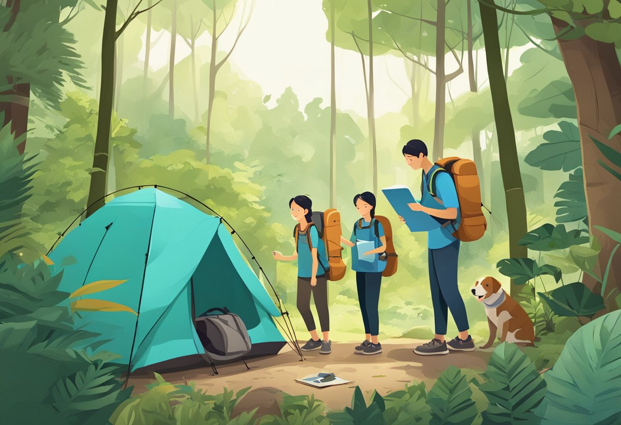 A family pitches a tent in a lush Singaporean forest. A map and camping gear lay nearby as they plan their outdoor adventure