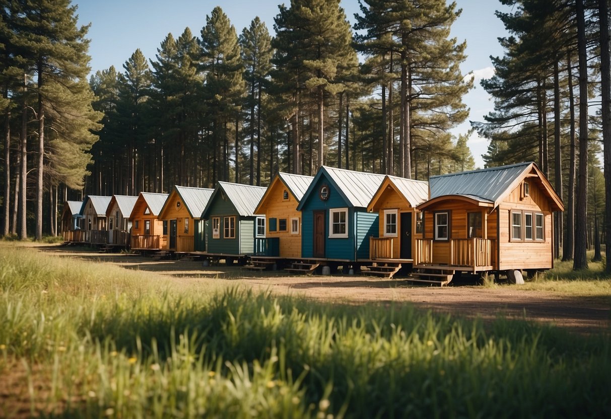 A row of tiny houses nestled among tall pine trees in a rural Minnesota landscape, with a clear blue sky overhead