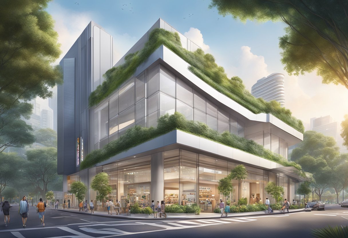 The iconic Blum Singapore store, with its sleek and modern exterior, is surrounded by lush greenery and vibrant city life