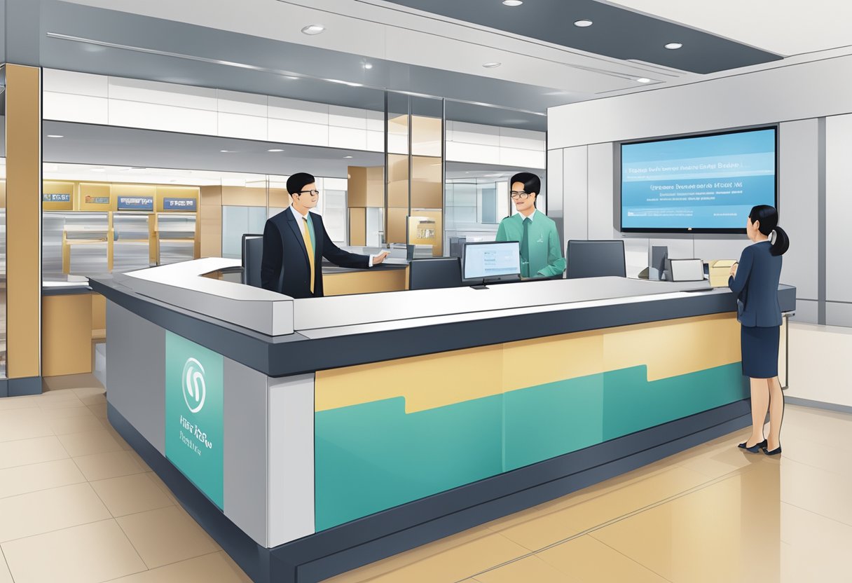 A customer standing at the information counter, while a bank staff member answers their questions about Hong Leong Bank services in Singapore
