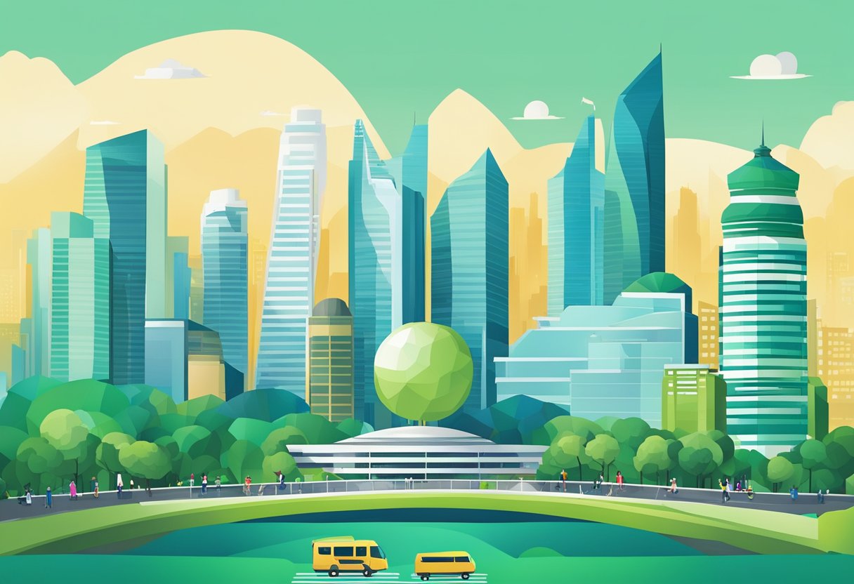 IBM Singapore's skyline with iconic landmarks and bustling business district. A mix of modern architecture and green spaces, with people commuting and conducting business