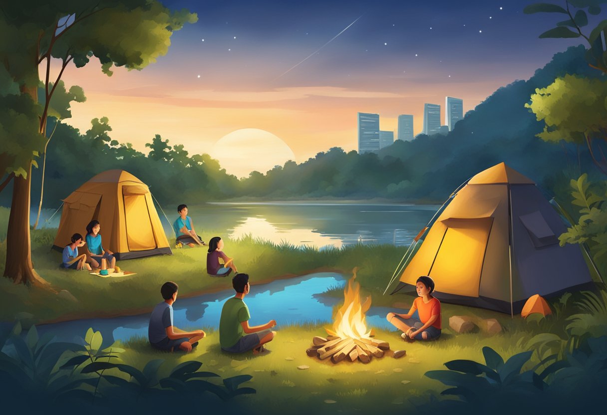 Campers enjoy a campfire, tents, and nature trails at a Singapore camping site