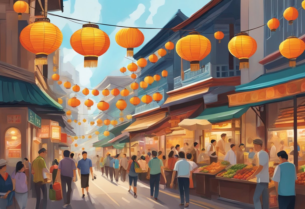 A bustling street in Chinatown, Singapore, with colorful shopfronts, lanterns, and bustling crowds. The scent of exotic spices and sizzling street food fills the air