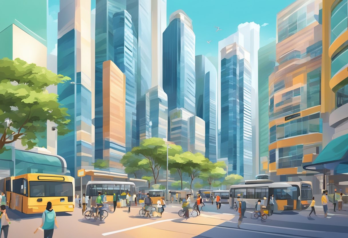 A bustling cityscape with modern skyscrapers and vibrant street life in Cote Singapore