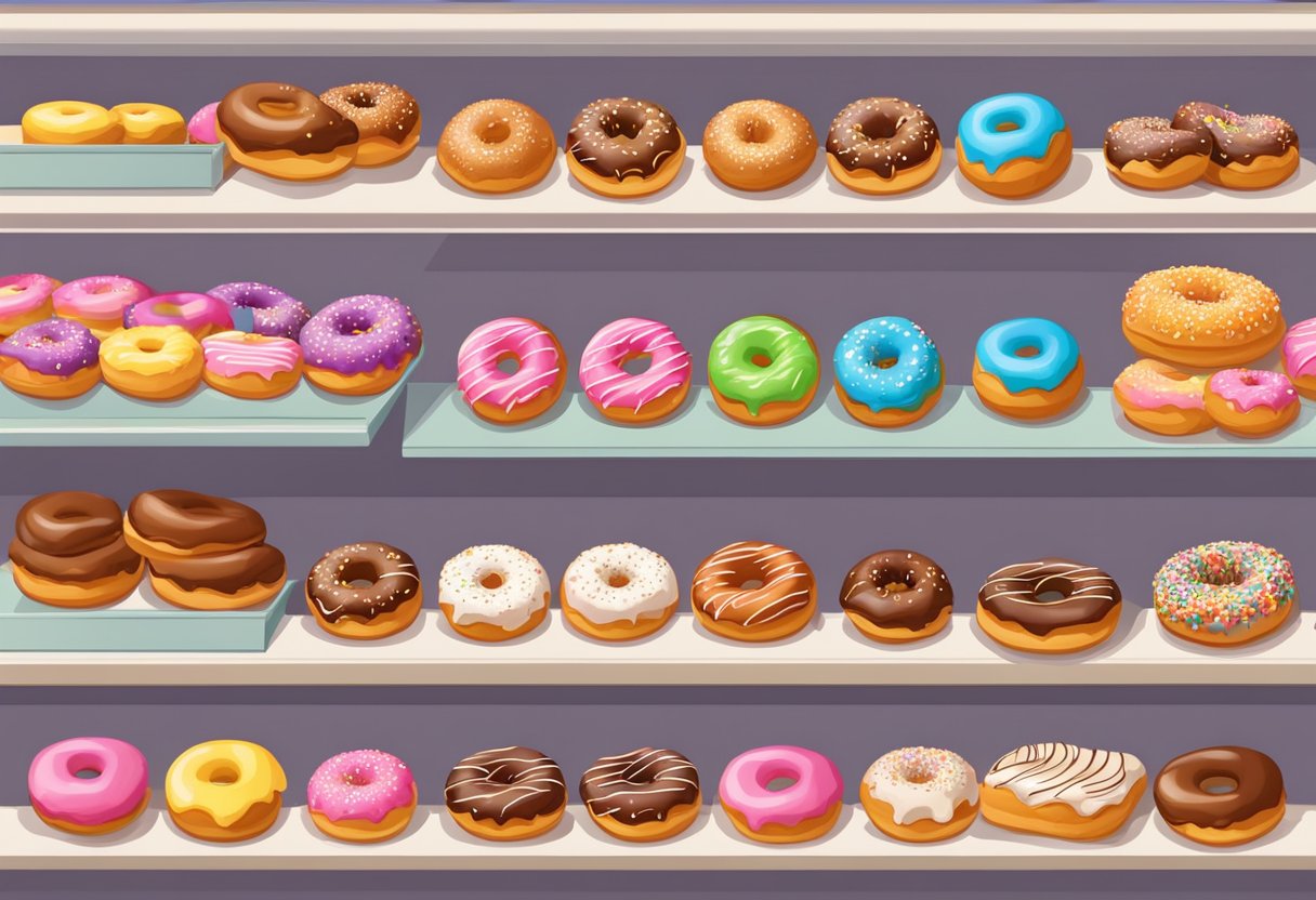 A colorful display of assorted donuts at a bakery in Singapore