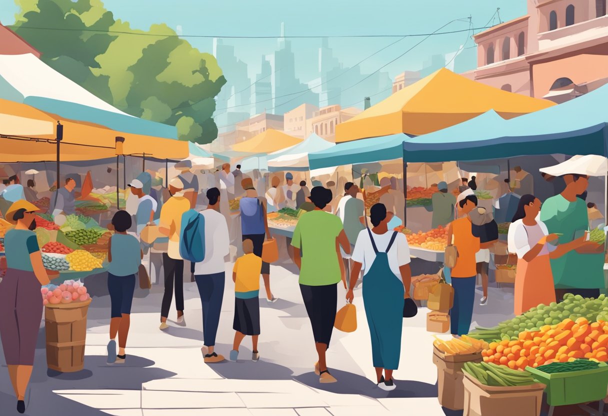 A bustling outdoor market with colorful stalls, vibrant produce, and a mix of locals and tourists browsing and sampling street food