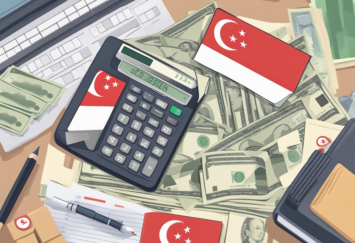 A stack of money with a Singapore flag draped over it, surrounded by financial documents and a calculator
