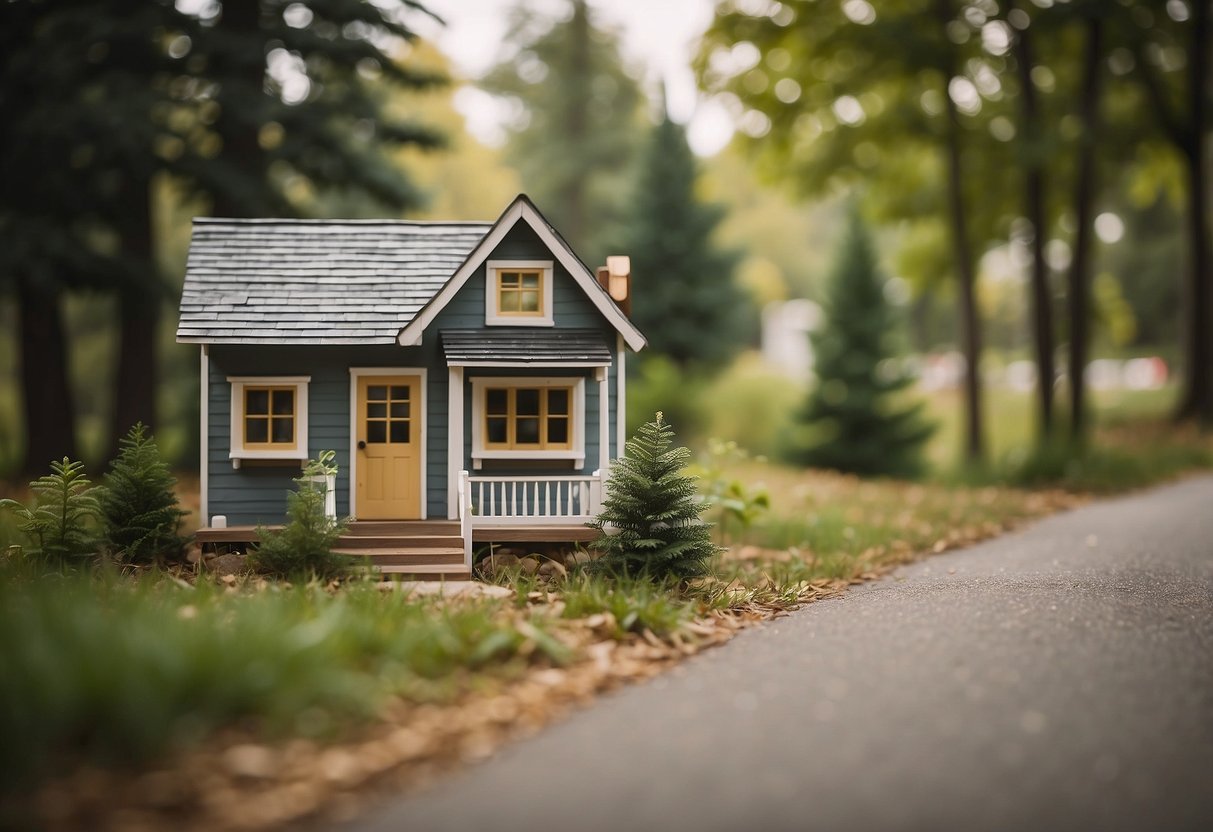 A small, quaint house nestled among trees in a peaceful neighborhood, with a sign displaying "Legal Tiny House" and a map of Minnesota zoning regulations