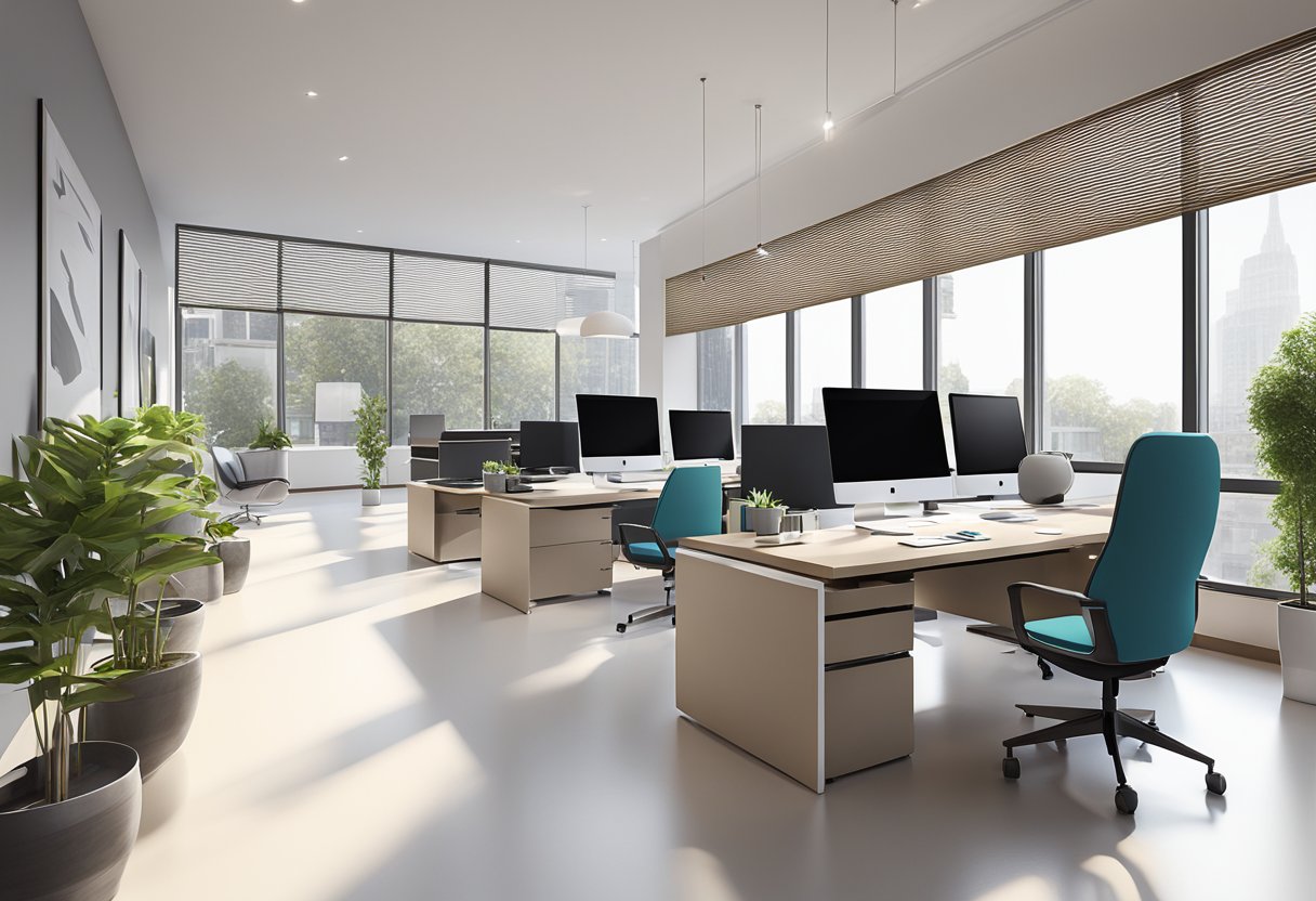 A sleek and modern office space with minimalist furniture and clean lines. A large window allows natural light to flood the room, highlighting the functional yet stylish design elements