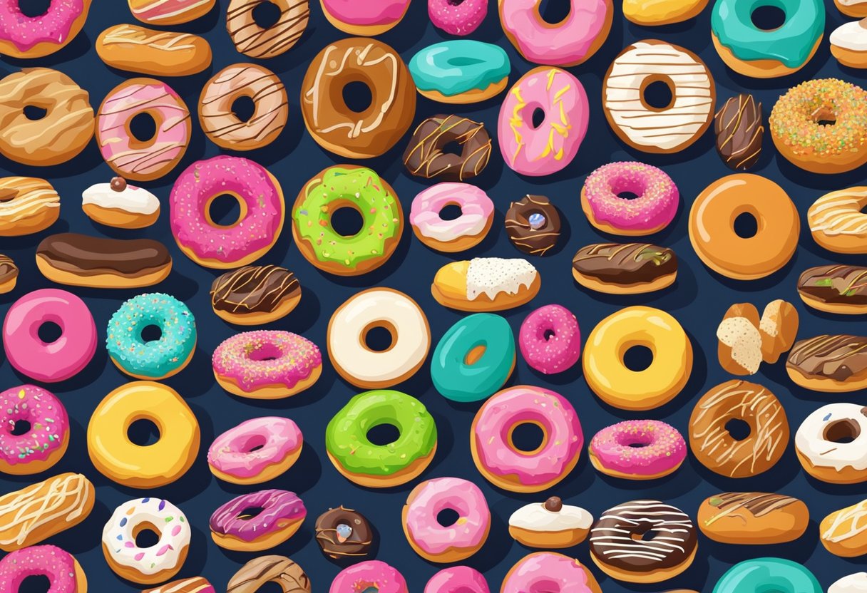 A colorful display of various donut varieties from Singapore, including traditional and modern flavors, arranged neatly on a bakery counter