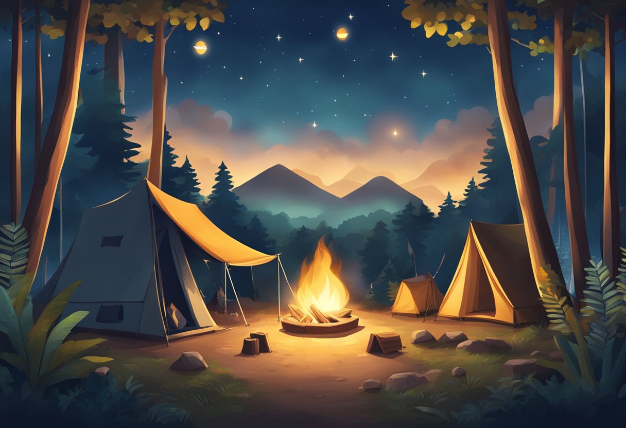 A cozy campsite in Singapore with a glowing campfire, tents pitched under the stars, and a serene forest backdrop