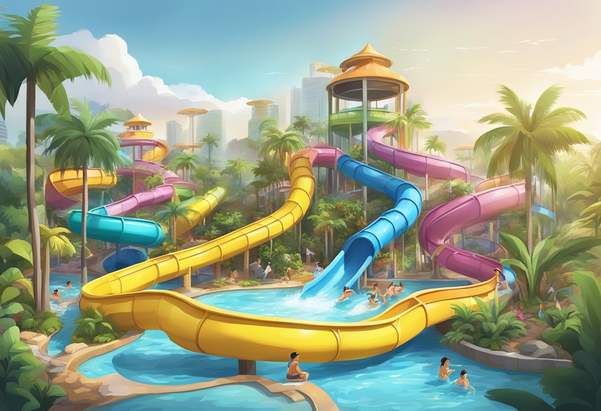 A colorful indoor water park in Singapore with twisting slides, splash pools, and a lazy river winding through a tropical-themed setting