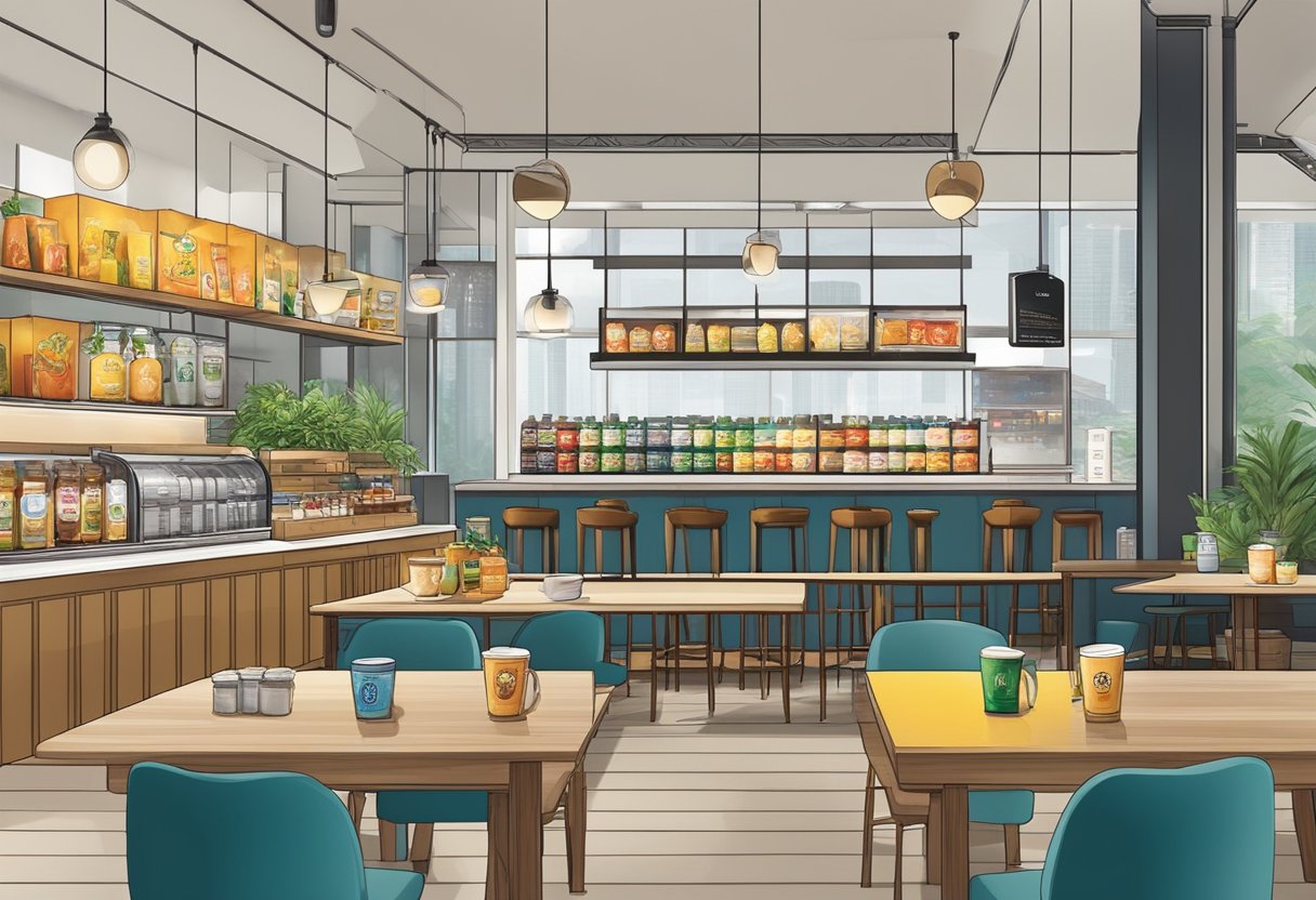 A table with various beverage offerings and brand logos displayed in a modern Singapore cafe setting