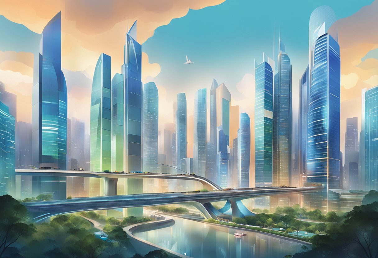 A bustling cityscape with futuristic skyscrapers and high-tech infrastructure, showcasing the innovative and dynamic atmosphere of IBM Singapore's technological advancements and opportunities