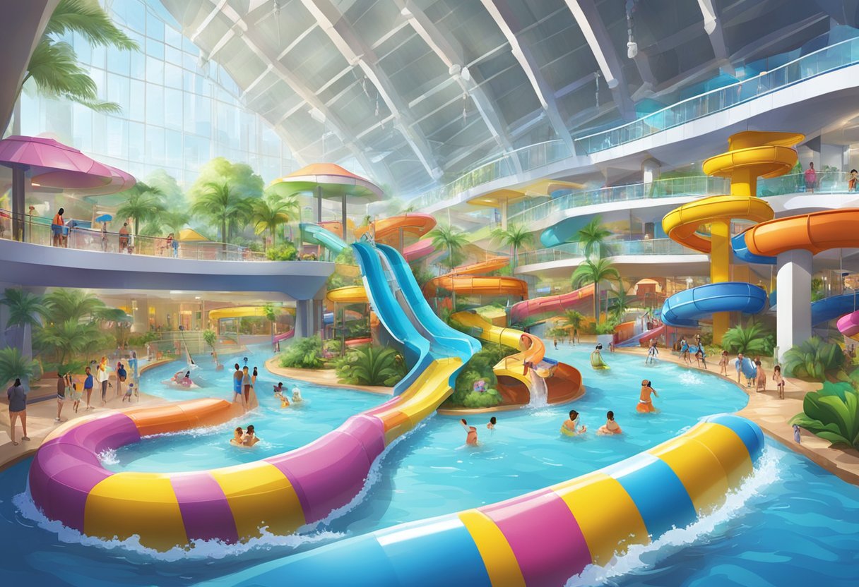 A vibrant indoor water park in Singapore with towering slides, lazy river, wave pool, and colorful splash pads