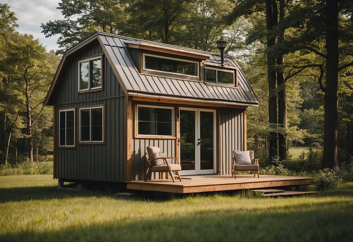 A tiny house sits on a spacious plot of land in Minnesota, surrounded by trees and nature. The house is built with careful consideration for both construction and living needs