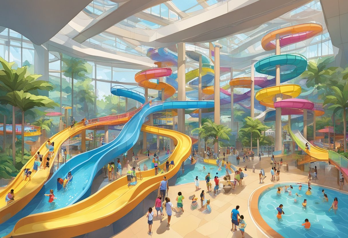 Colorful water slides and pools fill the spacious indoor water park in Singapore. Visitors gather around information kiosks and maps, while the sound of splashing water echoes throughout the vibrant space