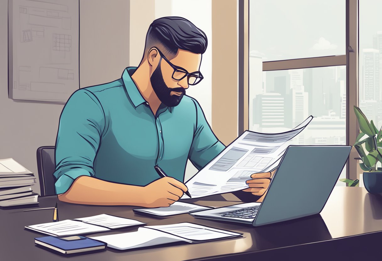 A person sits at a desk, reading a brochure on personal loans in Singapore. A laptop and calculator are nearby, and a pen is ready to take notes