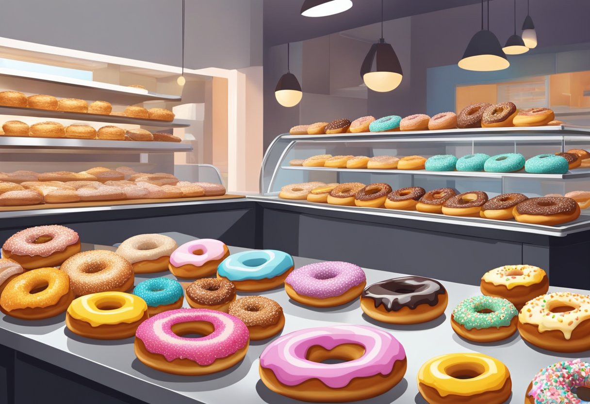 A colorful display of freshly baked donuts arranged on a sleek, modern counter in a bustling Singapore bakery. The aroma of sweet glazes and warm dough fills the air