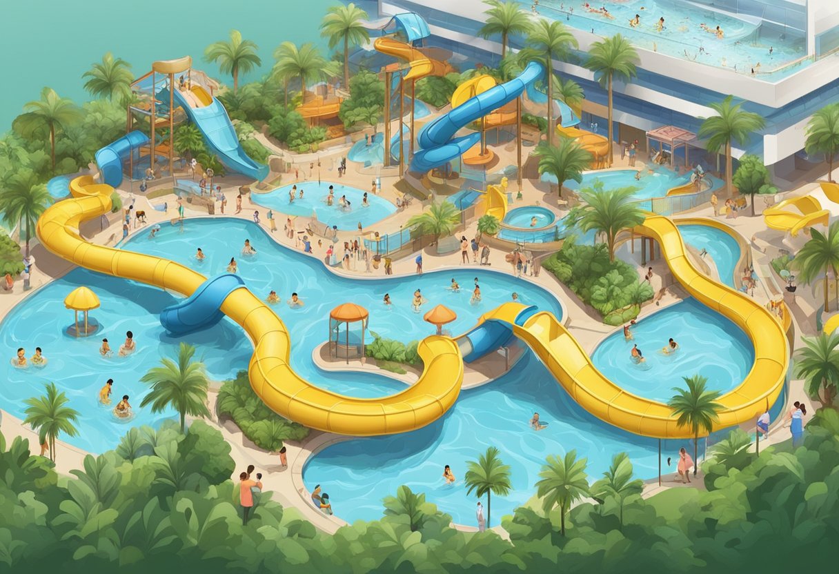 People enjoying water slides, wave pools, and lazy rivers at an indoor water park in Singapore