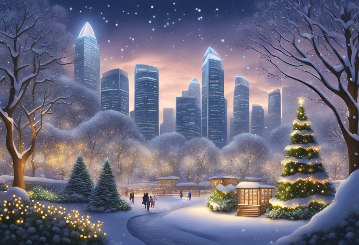Snow-covered gardens, glowing lights, and towering skyscrapers create a magical winter wonderland in Singapore
