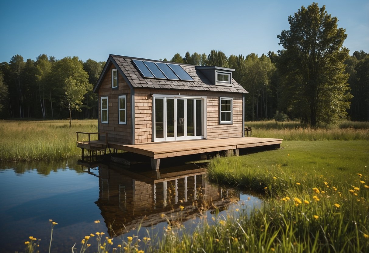 A small, charming tiny house nestled in a serene Minnesota landscape, with a clear blue sky and lush green surroundings