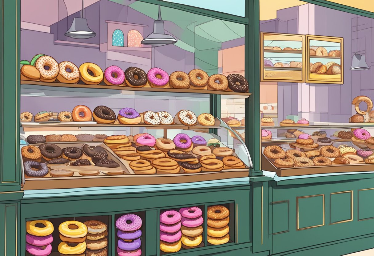A colorful display of assorted donuts with a sign reading "Frequently Asked Questions" in a bustling Singapore bakery