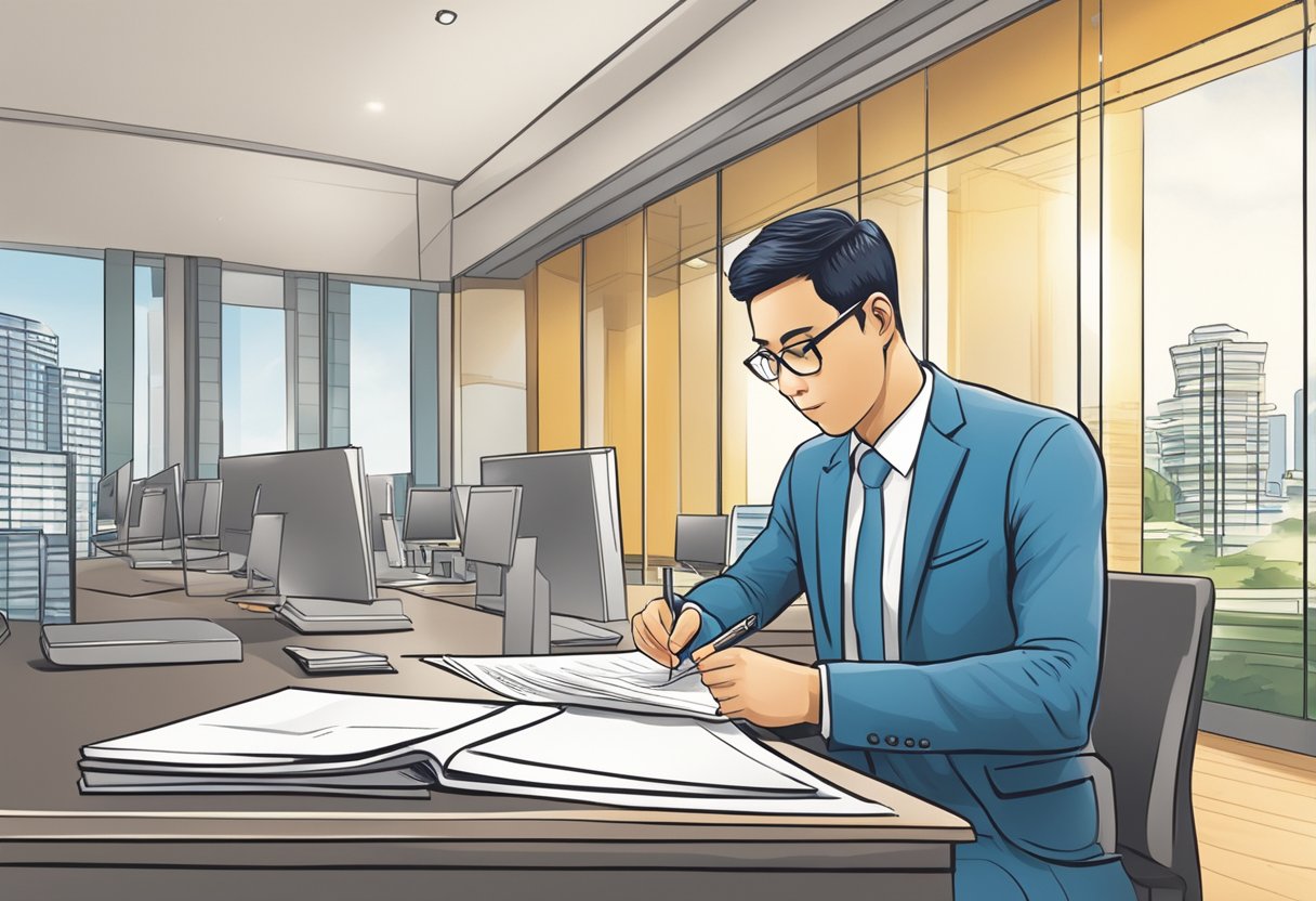 A person fills out a loan application form at a bank or financial institution in Singapore