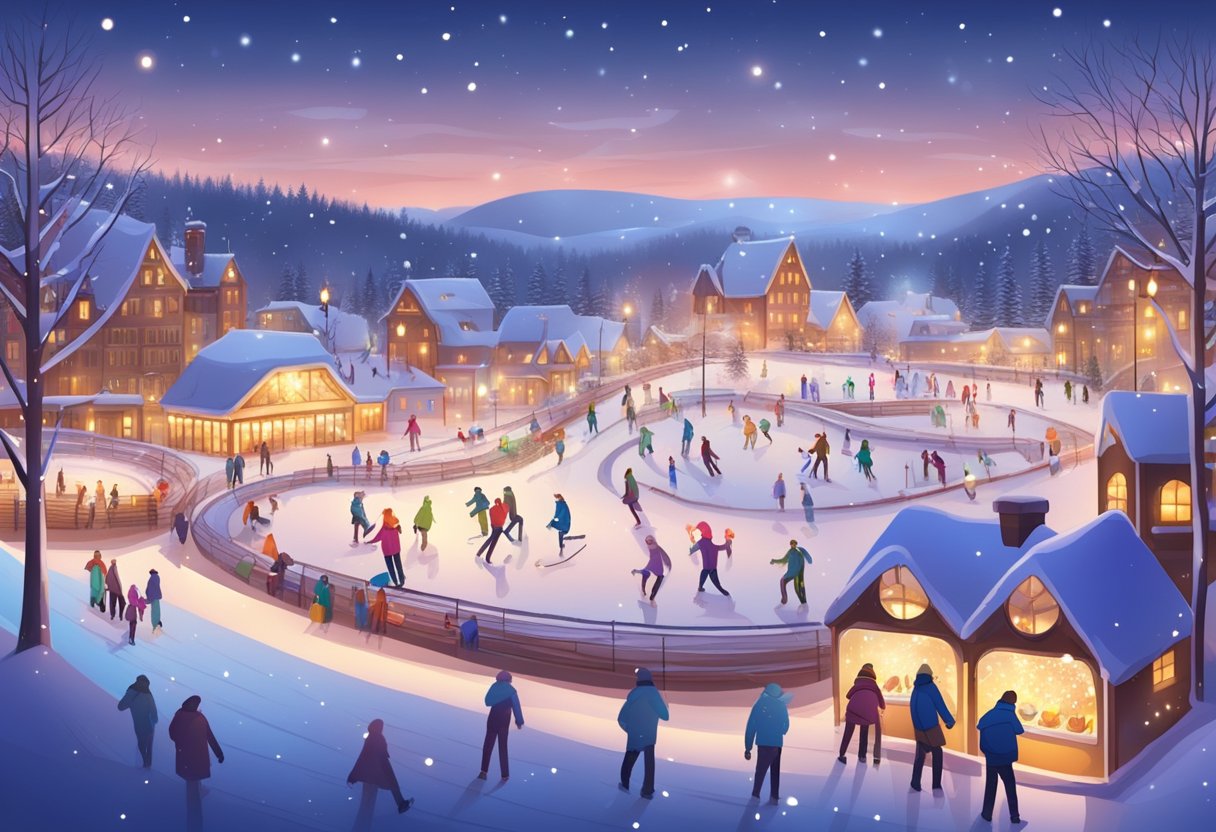 Snow-covered landscape with ice skating rink, snow tubing hill, and festive lights. People enjoying hot cocoa and holiday music
