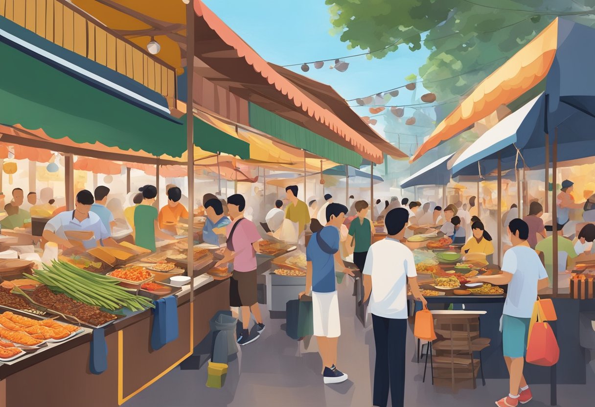 A bustling outdoor hawker center in Singapore, filled with colorful food stalls and bustling with customers. The aroma of sizzling satay and smoky grilled seafood fills the air