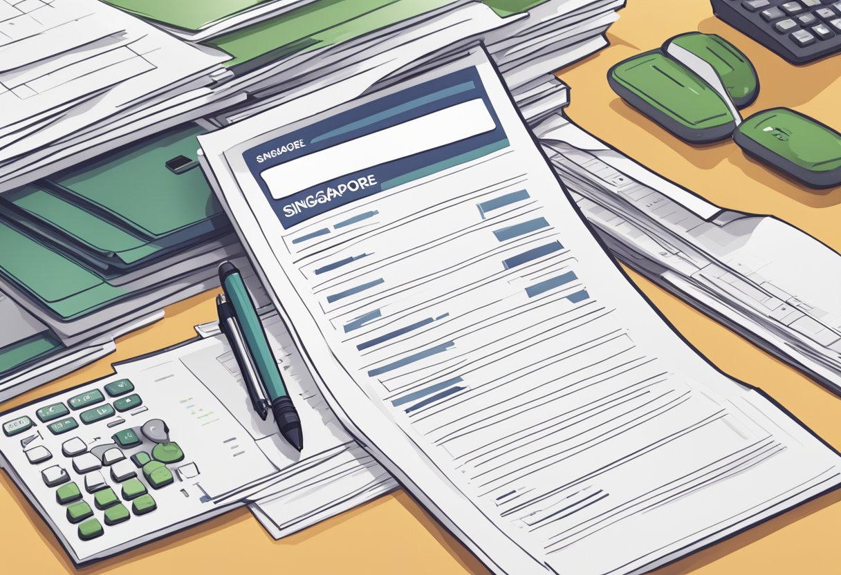 A stack of FAQ sheets with "Singapore Loan" in bold, surrounded by a laptop, calculator, and pen