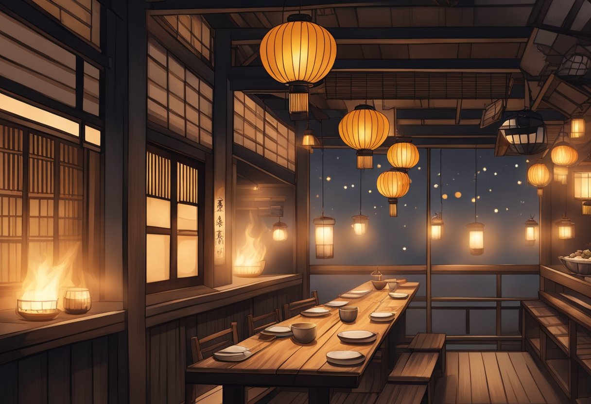 A cozy, dimly lit Japanese izakaya with wooden decor and hanging lanterns, filled with the sizzle of grilling skewers and the aroma of charcoal smoke