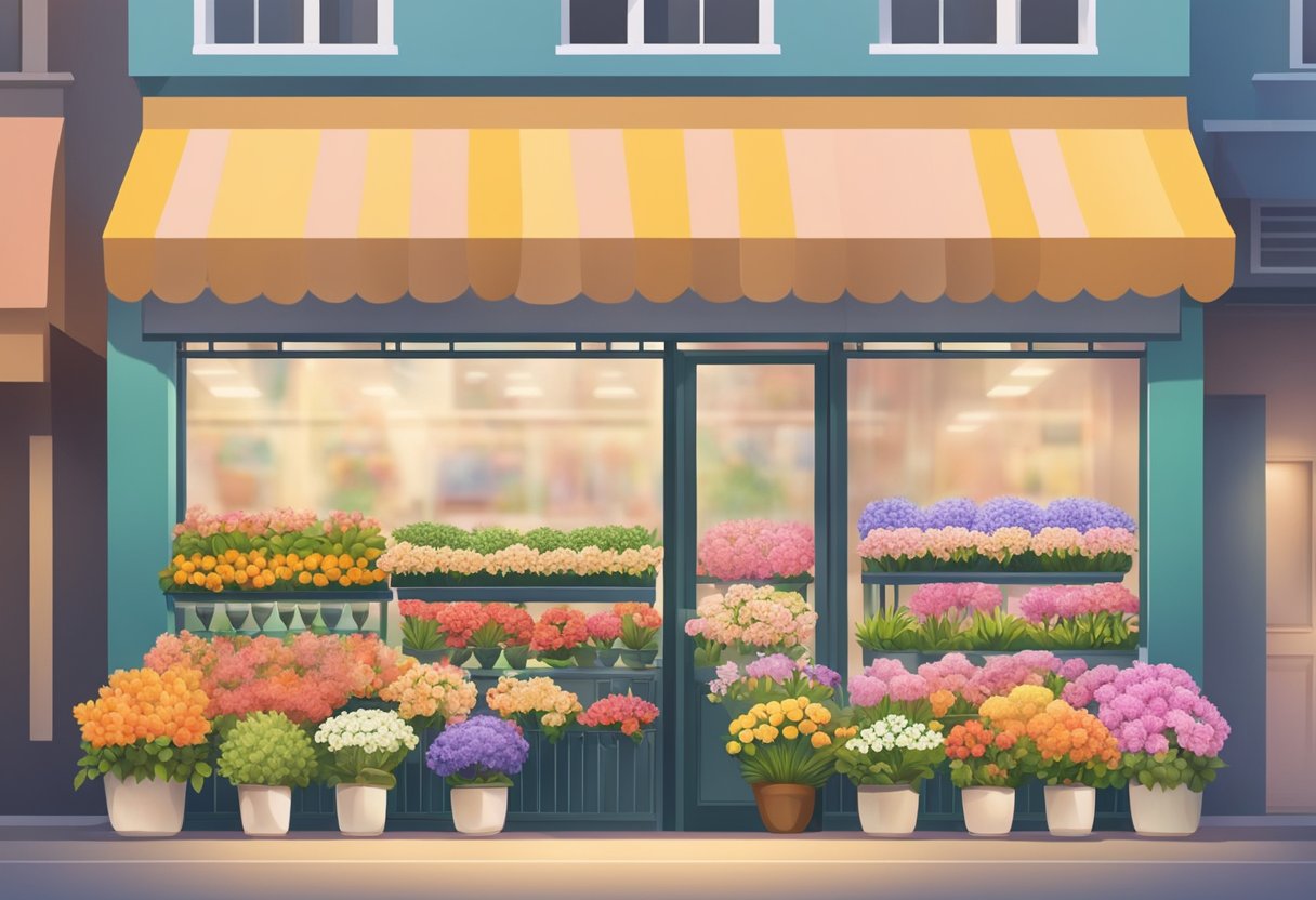 A bustling flower shop in Singapore, with colorful blooms arranged in neat rows, and the scent of fresh blossoms filling the air