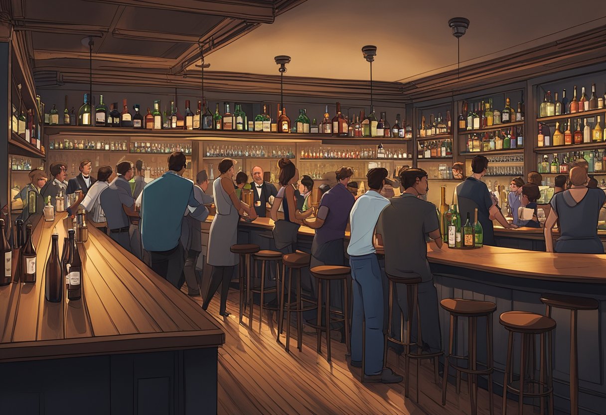A bustling bar with dim lighting, sleek wooden furniture, and shelves lined with various bottles of liquor. People gather around high tables, chatting and laughing, while bartenders expertly craft cocktails and pour glasses of wine