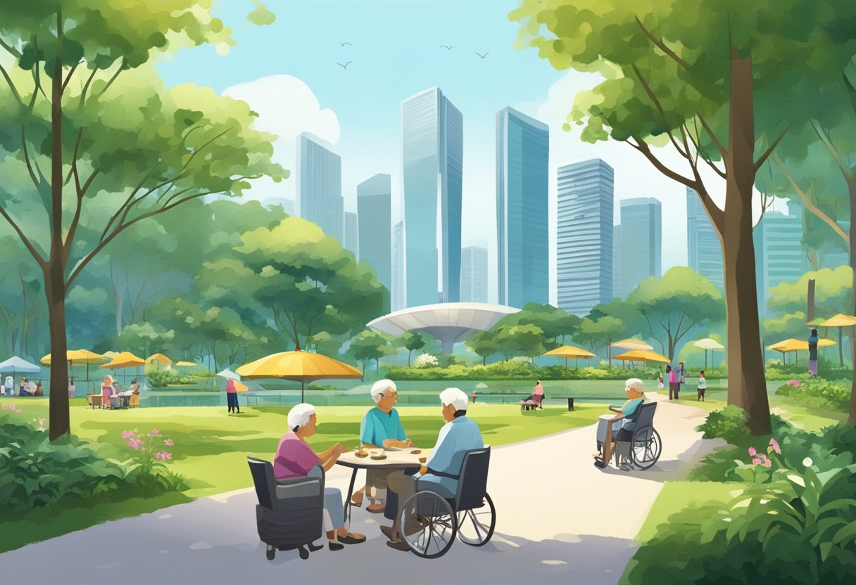 A serene park with elderly individuals engaged in leisurely activities, surrounded by modern skyscrapers and lush greenery, capturing the essence of Singapore's retirement age