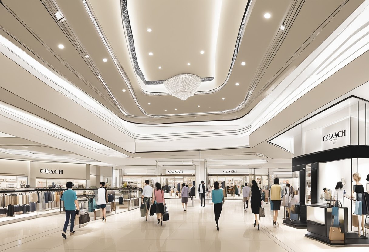 The Coach outlet in Singapore bustles with shoppers browsing luxury handbags and accessories. Bright lights illuminate the sleek displays, while staff assist customers with their purchases