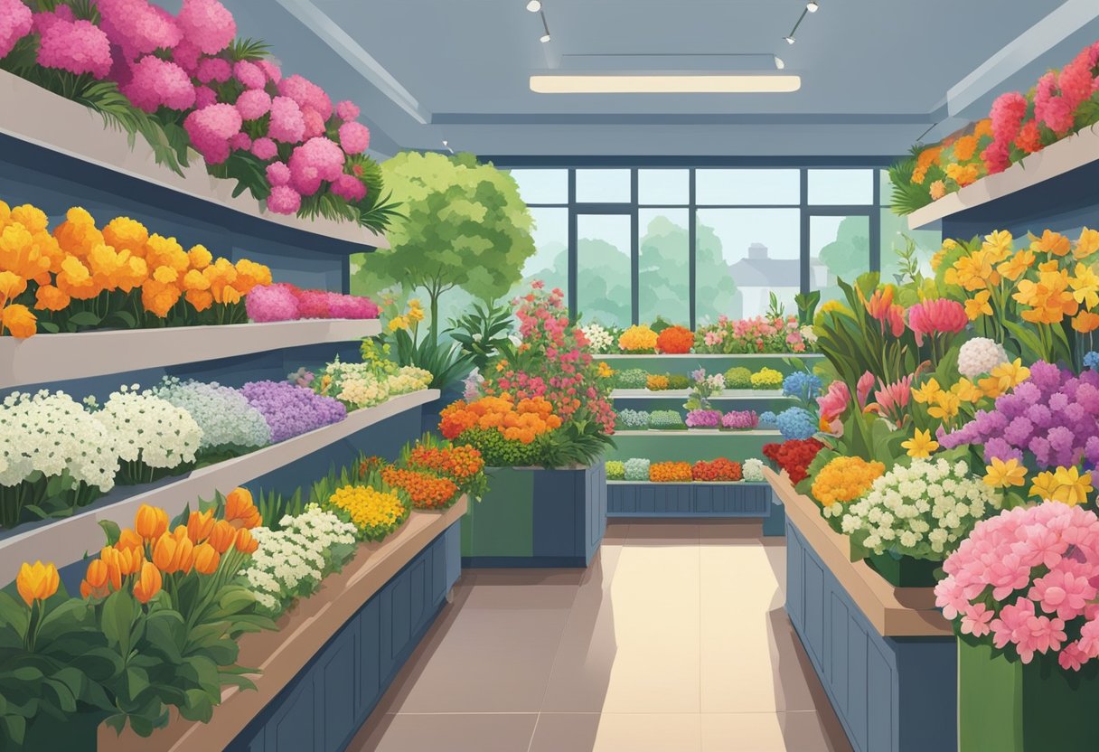 A colorful array of fresh flowers fills the shelves and tables of the Katong flower shop in Singapore. Bright blooms and lush greenery create a vibrant and inviting atmosphere