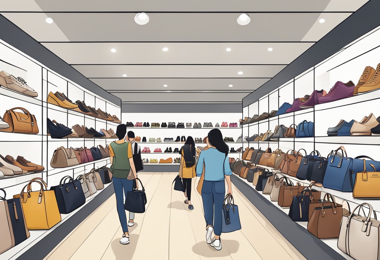 Shoppers exploring racks of discounted designer handbags and shoes at Coach Outlet in Singapore