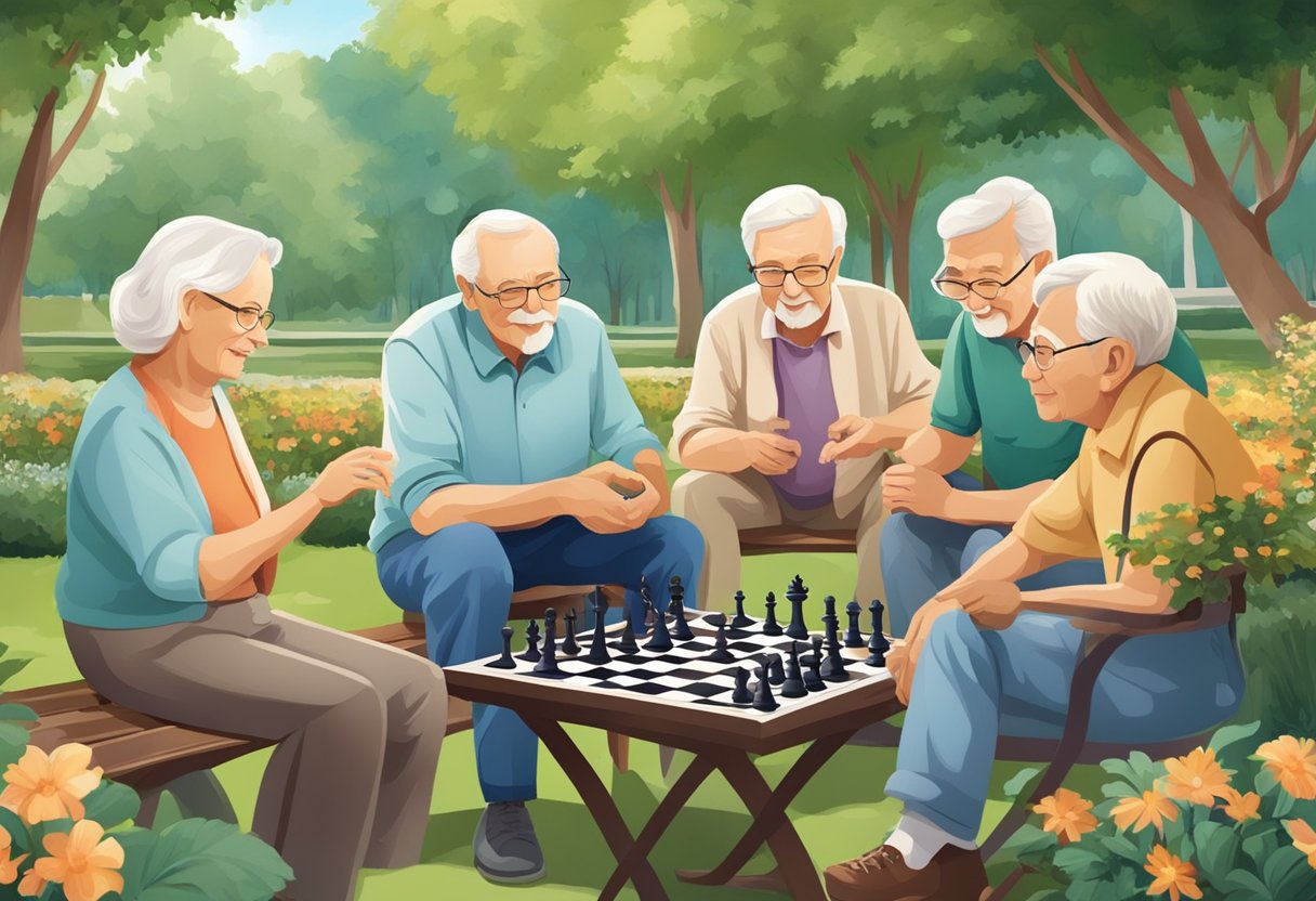 A group of elderly individuals engage in leisure activities, such as gardening or playing chess, in a serene park setting