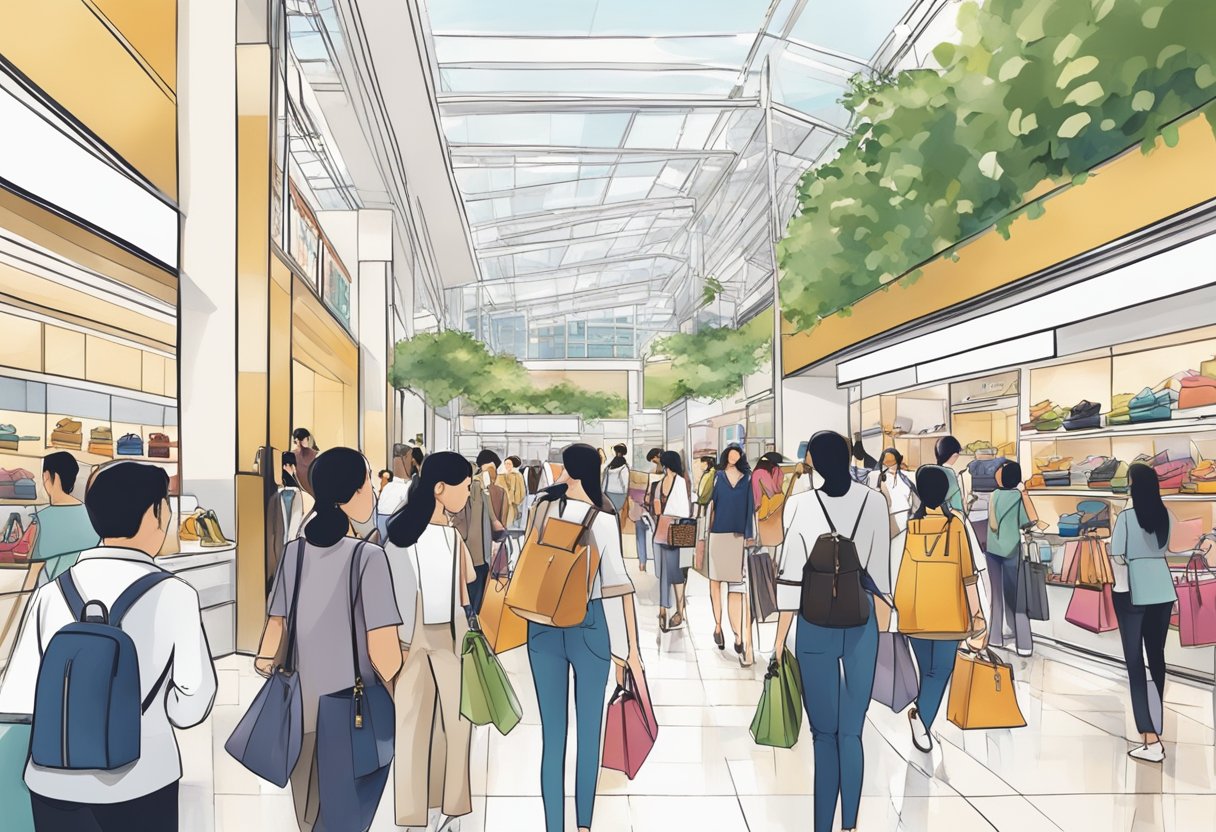A bustling Coach outlet in Singapore, filled with stylish handbags and accessories. Shoppers browse the latest collections while staff assist with purchases