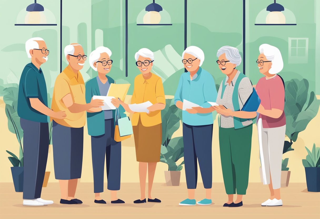 A group of older adults engage in workshops and activities, preparing for retirement in Singapore. They discuss financial planning and leisure options