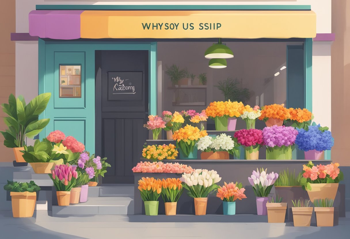 A colorful array of fresh flowers arranged neatly in a shop, with a sign reading "Why Choose Us katong flower shop singapore" displayed prominently