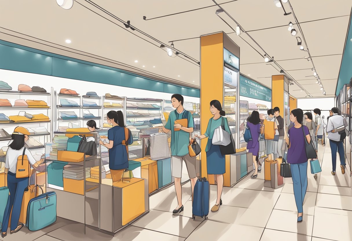 A bustling coach outlet in Singapore, with customers browsing displays and staff assisting with inquiries