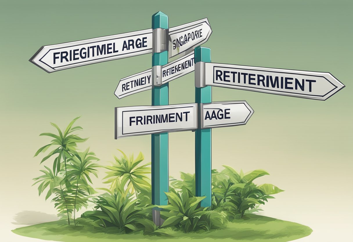 A signpost with "Frequently Asked Questions: Singapore Retirement Age" displayed prominently