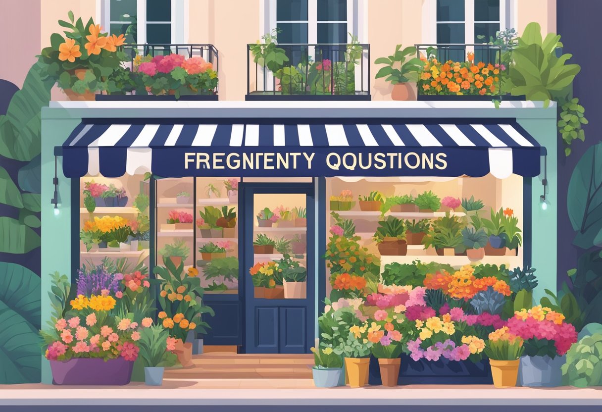 A colorful flower shop in Singapore with a sign reading "Frequently Asked Questions" in bold letters, surrounded by vibrant blooms and greenery